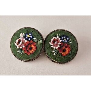 Vintage Women's Micro Mosaic Oval Clip On Earrings, Medium Green Floral